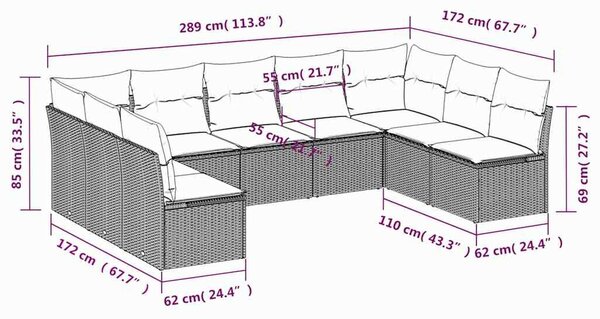 VidaXL 9 db fekete polyrattan kerti kanapégarnitúra párnákkal