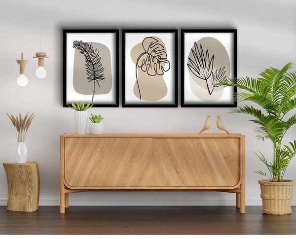 Elegáns dekoratív keretes MDF festmények (3 db), 38 x 53 cm | 100% MDF és fa keret, bézs, fehér és fekete | Tökéletes lakberendezési és modern terek számára