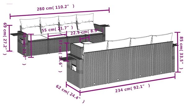 VidaXL 9 db barna polyrattan kerti kanapégarnitúra párnákkal