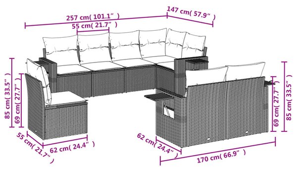 VidaXL 8 db barna polyrattan kerti kanapégarnitúra párnákkal