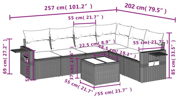 VidaXL 7 db barna polyrattan kerti kanapégarnitúra párnákkal