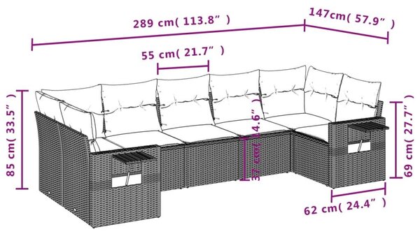 VidaXL 7 db fekete polyrattan kerti kanapégarnitúra párnákkal