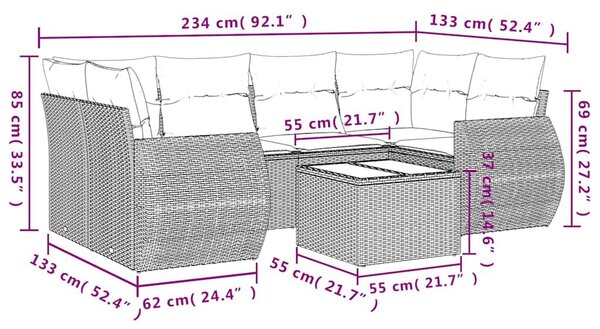 VidaXL 7 db barna polyrattan kerti kanapégarnitúra párnákkal