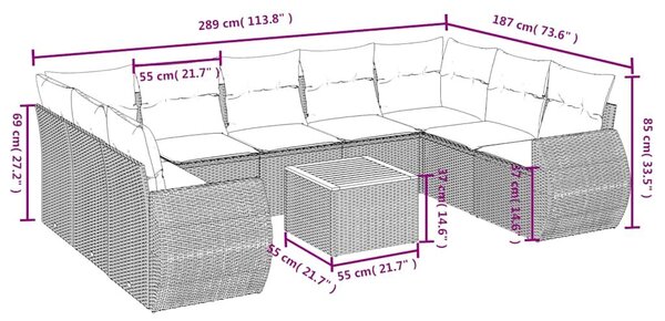 VidaXL 10 db fekete polyrattan kerti kanapégarnitúra párnákkal