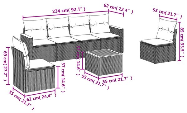 VidaXL 7 db fekete polyrattan kerti kanapégarnitúra párnákkal