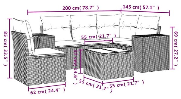 VidaXL 6 db fekete polyrattan kerti kanapégarnitúra párnákkal