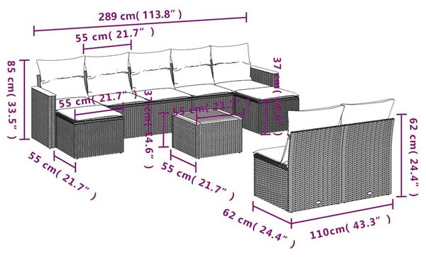 VidaXL 10 db fekete polyrattan kerti kanapégarnitúra párnákkal