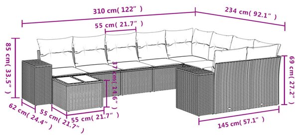 VidaXL 10 db barna polyrattan kerti kanapégarnitúra párnákkal