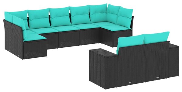 VidaXL 9 db fekete polyrattan kerti kanapégarnitúra párnákkal