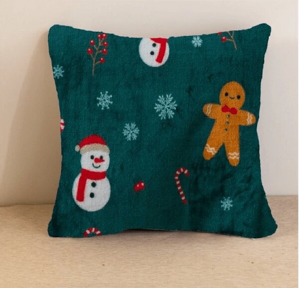 SNOWMAN AND GINGERBREAD mikroplüss párnahuzat 45x45 cm, zöld