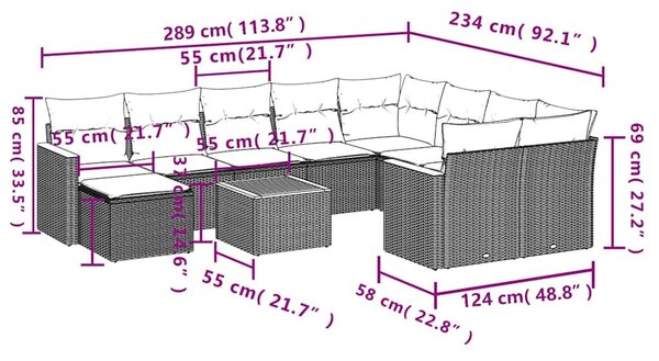 VidaXL 11 db szürke polyrattan kerti kanapégarnitúra párnákkal