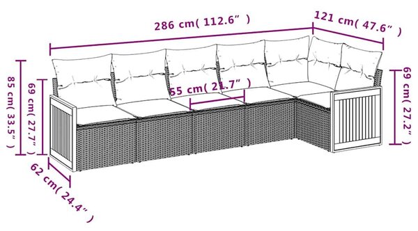 VidaXL 6 db fekete polyrattan kerti kanapégarnitúra párnákkal