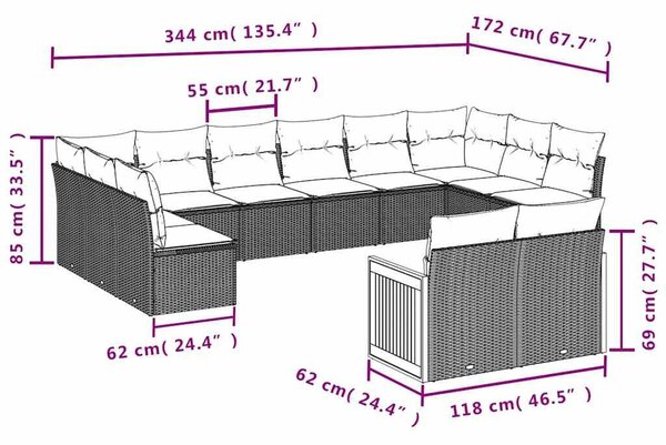 VidaXL 12 db fekete polyrattan kerti kanapégarnitúra párnákkal