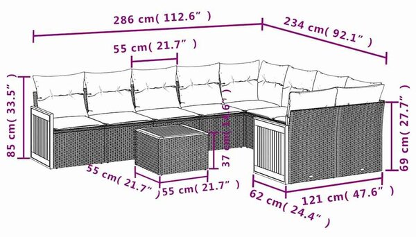 VidaXL 10 db fekete polyrattan kerti kanapégarnitúra párnákkal