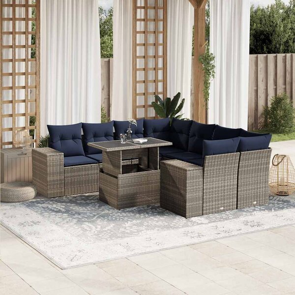 VidaXL 9 db szürke polyrattan kerti kanapégarnitúra párnákkal