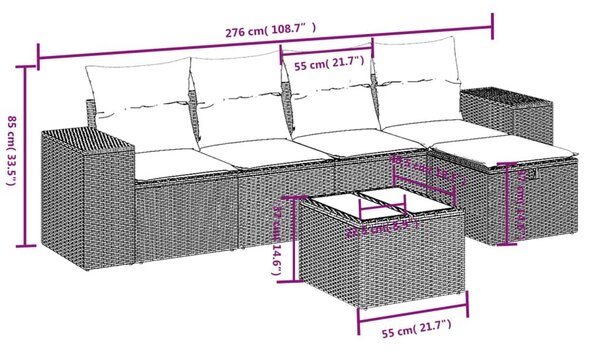 VidaXL 6 db barna polyrattan kerti kanapégarnitúra párnákkal