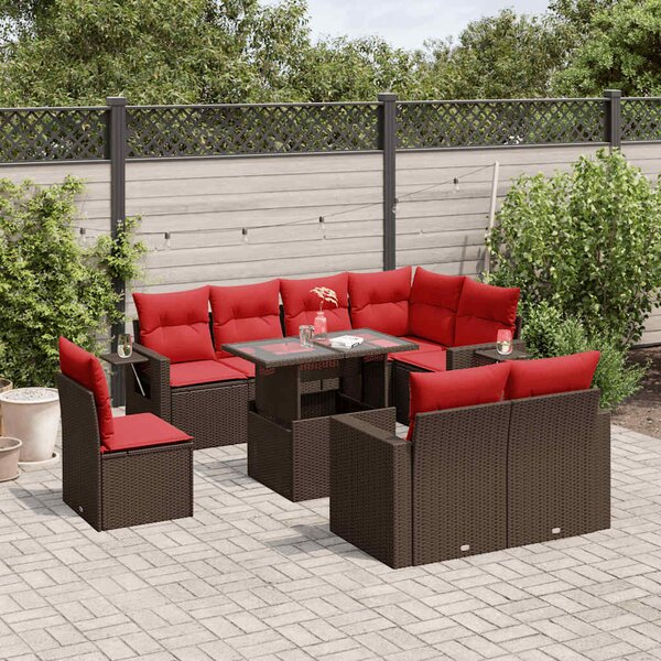 VidaXL 9 db barna polyrattan kerti kanapégarnitúra párnákkal
