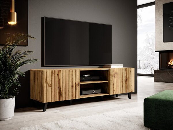TV-állvány Comes, Közepes sűrűségű farostlemez, Laminált forgácslap, 53x150x42cm, Wotan tölgy, Fekete