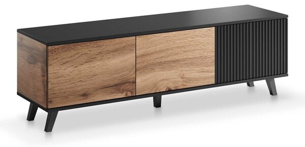 TV-állvány Luelia 116, Közepes sűrűségű farostlemez, Laminált forgácslap, 47x150x40cm, Wotan tölgy, Fekete