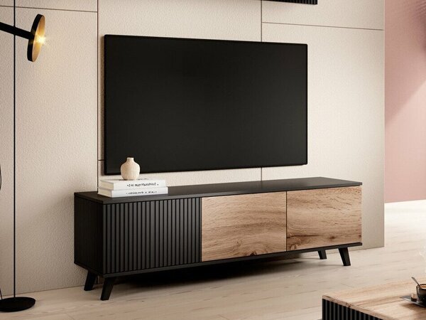 TV-állvány Luelia 116, Közepes sűrűségű farostlemez, Laminált forgácslap, 47x150x40cm, Wotan tölgy, Fekete