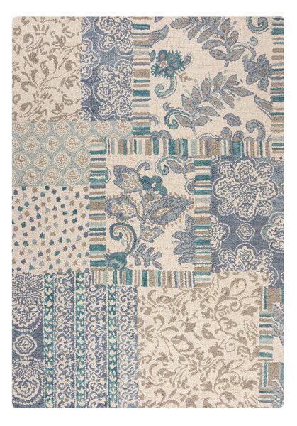 Kék-bézs kézi szövésű gyapjú szőnyeg 120x170 cm Eloise Patchwork – Flair Rugs