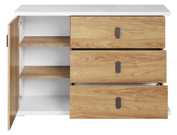 Komód Tesonu 102, Laminált forgácslap, 90x135x41cm, Hickory tölgy, Fehér
