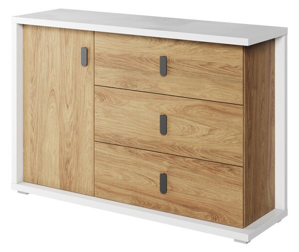 Komód Tesonu 102, Laminált forgácslap, 90x135x41cm, Hickory tölgy, Fehér
