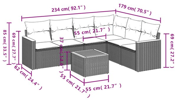 VidaXL 7 db fekete polyrattan kerti kanapégarnitúra párnákkal