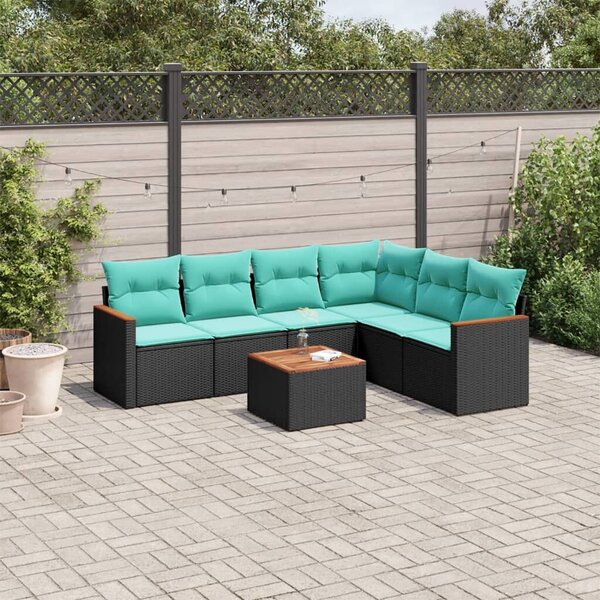 VidaXL 7 db fekete polyrattan kerti kanapégarnitúra párnákkal