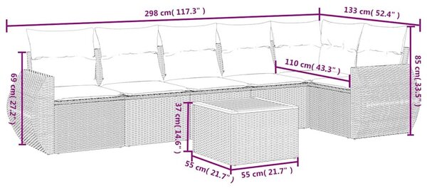 VidaXL 7 db fekete polyrattan kerti kanapégarnitúra párnákkal