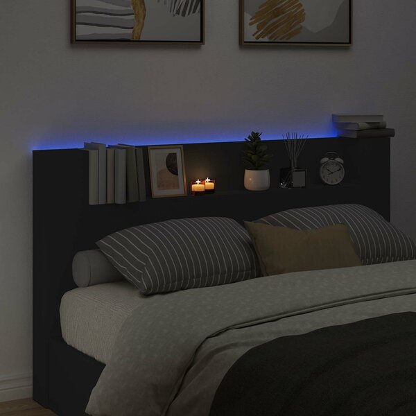 VidaXL Fejtámla LED -es lámpákkal Fekete 180 x 16,5 x 103,5 cm Faanyag