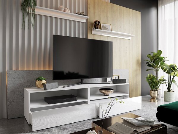 TV-állvány Fraga, Közepes sűrűségű farostlemez, Laminált forgácslap, 40x172x38cm, Fényes fehér, Fehér