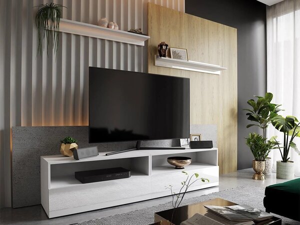 TV-állvány Fraga, Közepes sűrűségű farostlemez, Laminált forgácslap, 40x172x38cm, Fényes fehér, Fehér
