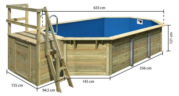 Karibu „X4-es medence modell” fából (nyomáskezelt) kis terasszal 5,7x3,6 m