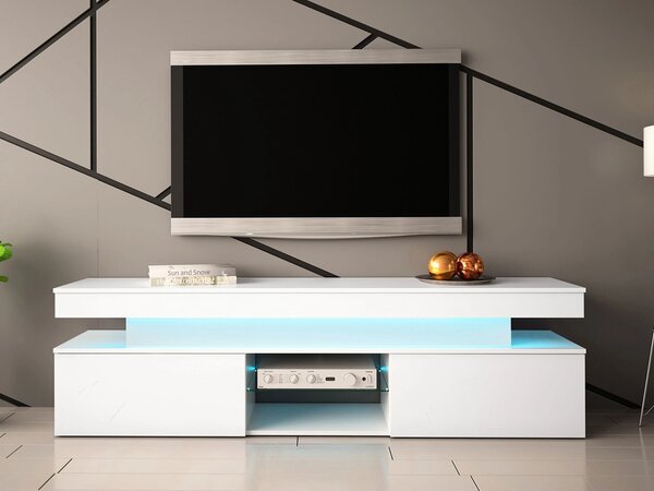 TV-állvány Monfero, Közepes sűrűségű farostlemez, Laminált forgácslap, 54x190x39cm, Fényes fehér, Fehér