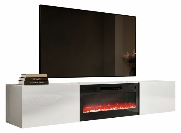 TV-állvány Imago I, Közepes sűrűségű farostlemez, Laminált forgácslap, 37x200x40cm, Fehér, Fényes fehér, Fekete