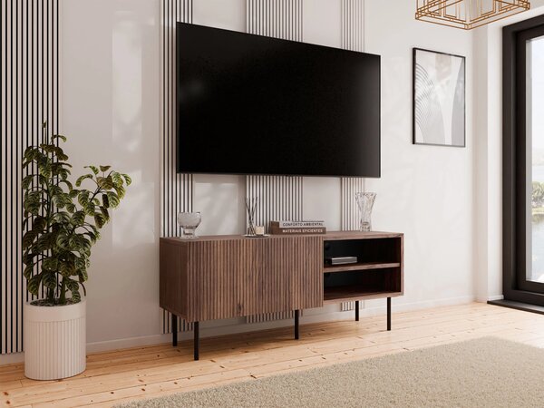 TV-állvány Fama, Közepes sűrűségű farostlemez, Laminált forgácslap, 58x150x42cm, Dió, Fekete
