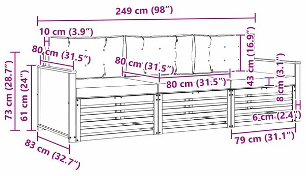 VidaXL Kültéri kanapé szett párnával 3 pcs Természetes és antracit