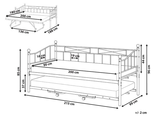 Heverő Fém LOUANNEC 90 x 200 cm Kihúzható Fekete