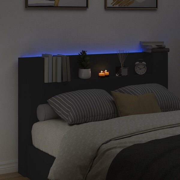 VidaXL Fejtámla LED -es lámpákkal Fekete 160 x 16,5 x 103,5 cm Faanyag