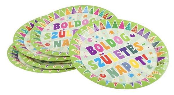 Tányér, papír, 23 cm, Boldog születésnapot, zászlós (PTFUN045)