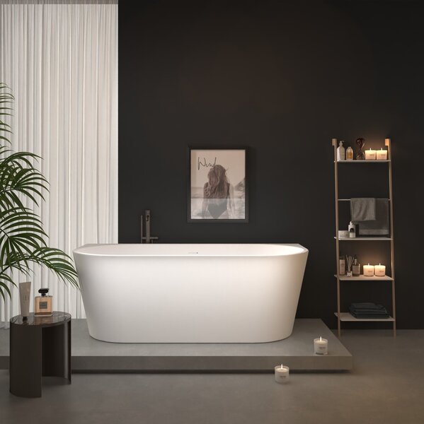 Erga Norah, szabadon álló fürdőkád falra 150x75 cm + leeresztő dugó, fehér fényes, ERG-Norah-150075-WH-WH