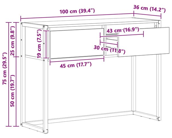 VidaXL Végasztal fiókkal Szürke Sonoma 100 x 36 x 75 cm Faanyag