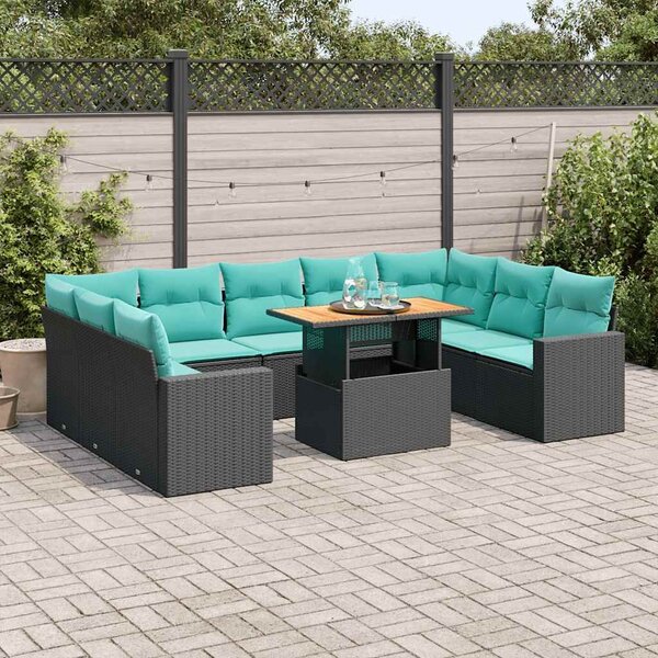 VidaXL 10 részes fekete polyrattan kerti ülőgarnitúra párnákkal