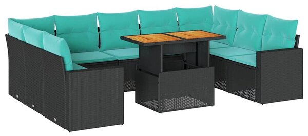 VidaXL 10 részes fekete polyrattan kerti ülőgarnitúra párnákkal