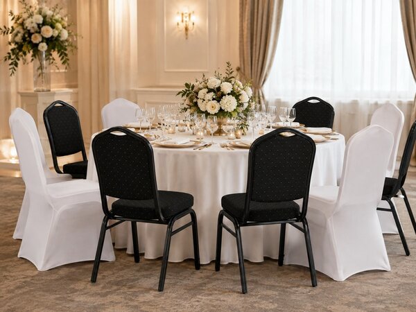 King Home Heron & Wedding Bankett Szék Szett Fekete Acél Fehér Huzattal