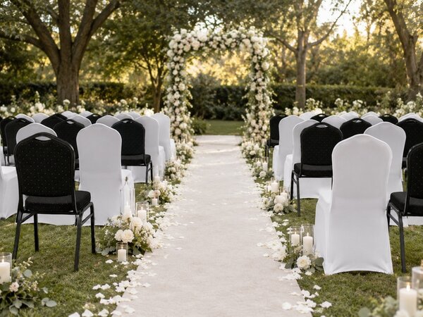 King Home Heron & Wedding Bankett Szék Szett Fekete Acél Fehér Huzattal