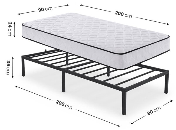 AKORD Furniture Factory Összecsukható Fém Ágykeret Matraccal 90x200 cm Fekete 6 Lábbal