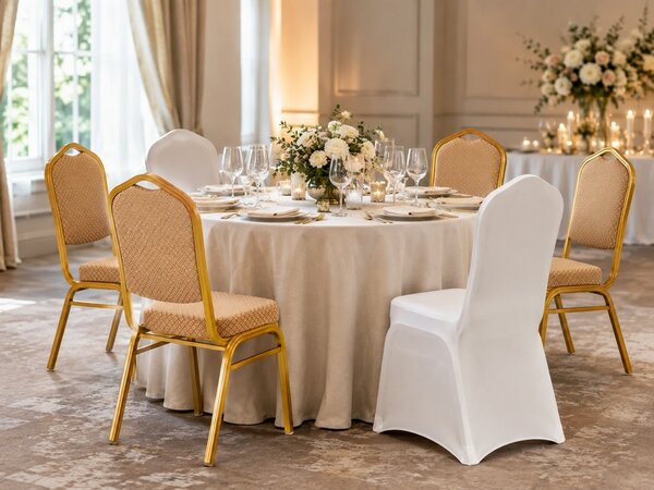 King Home HERA Bankett Szék Bézs Arany Kerettel és WEDDING Fehér Huzattal