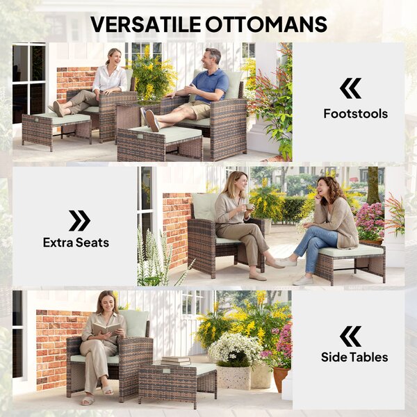 Outsunny Rattan és acél kerti garnitúra, 5 részes, 2 puffal, 2 székkel és 2 szintes kávézóasztallal, barna és krém színben